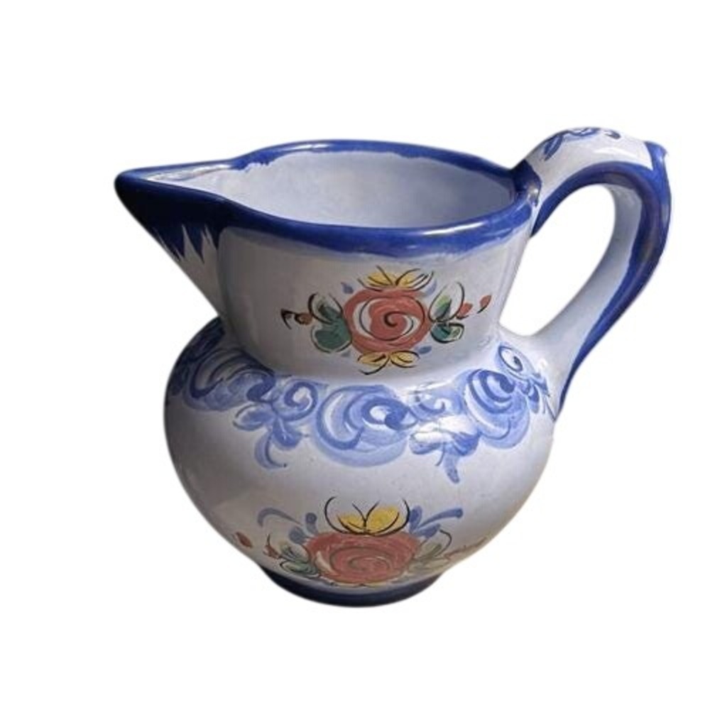 VTG. Vestal Alcobaça‎ Portugal Hand Painted Pitcher 5" Blue Ceramic Folk Art